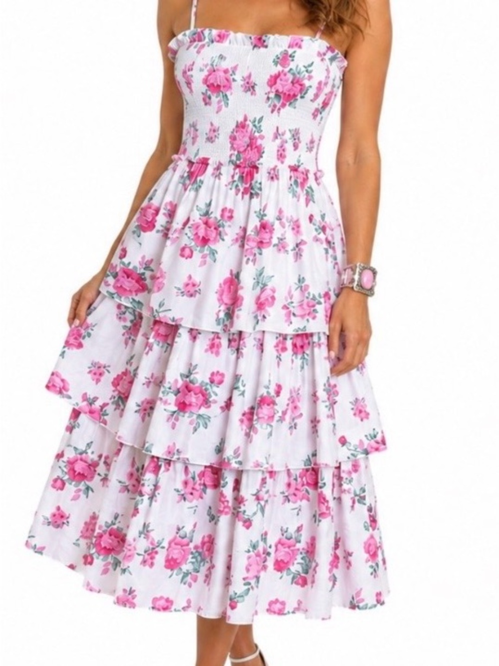 LoveShackFancy White Midi Ruffle Tiered Dress with Pink Rose Floral Print - XS
